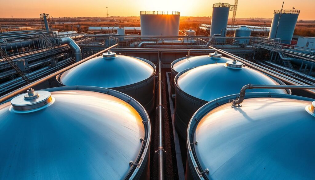 A panoramic view of a comprehensive wastewater treatment system, bathed in warm, golden-hour lighting. In the foreground, a series of large, industrial-grade sedimentation tanks, their sleek, stainless-steel surfaces reflecting the sky above. The middle ground features a network of pipes, valves, and mechanical equipment, hinting at the complex processes at work. In the background, a towering clarifier, its cylindrical shape and gentle curves creating a sense of scale and depth. The overall scene conveys a sense of order, efficiency, and technological sophistication, perfectly suited to illustrate the essential components of a modern wastewater treatment facility. A panoramic view of a comprehensive wastewater treatment system, bathed in warm, golden-hour lighting. In the foreground, a series of large, industrial-grade sedimentation tanks, their sleek, stainless-steel surfaces reflecting the sky above. The middle ground features a network of pipes, valves, and mechanical equipment, hinting at the complex processes at work. In the background, a towering clarifier, its cylindrical shape and gentle curves creating a sense of scale and depth. The overall scene conveys a sense of order, efficiency, and technological sophistication, perfectly suited to illustrate the essential components of a modern wastewater treatment facility.