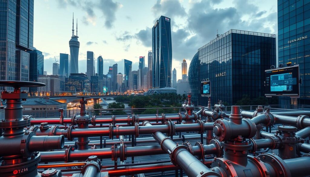 A panoramic view of a modern urban landscape, showcasing the integration of advanced technologies within a comprehensive water management system. In the foreground, a network of sleek, interconnected pipes and valves orchestrate the flow of water, waste, and storm drainage. The middle ground features automated monitoring stations and control panels, their displays illuminating the real-time data that drives the efficient management of the urban water infrastructure. In the background, towering skyscrapers and futuristic architecture are framed by a vibrant, energy-efficient lighting system, casting a warm glow over the cityscape. The scene conveys a harmonious fusion of cutting-edge technology and sustainable urban planning, reflecting the advancements in the field of VRD (water supply, sewerage, and drainage).