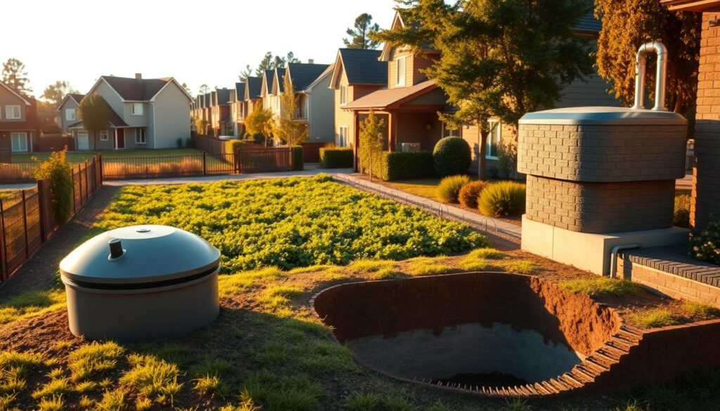 A panoramic view of a residential neighborhood, showcasing various types of sanitation systems. In the foreground, a modern, energy-efficient septic tank with a sleek, minimalist design. In the middle ground, a traditional drainage field with lush green vegetation. In the background, a compact, above-ground wastewater treatment plant with a well-integrated, natural-looking exterior. The scene is bathed in warm, golden sunlight, creating a sense of tranquility and environmental harmony. The image conveys the diversity of sustainable sanitation solutions available for residential developments, highlighting their functional and aesthetic integration within the landscape.