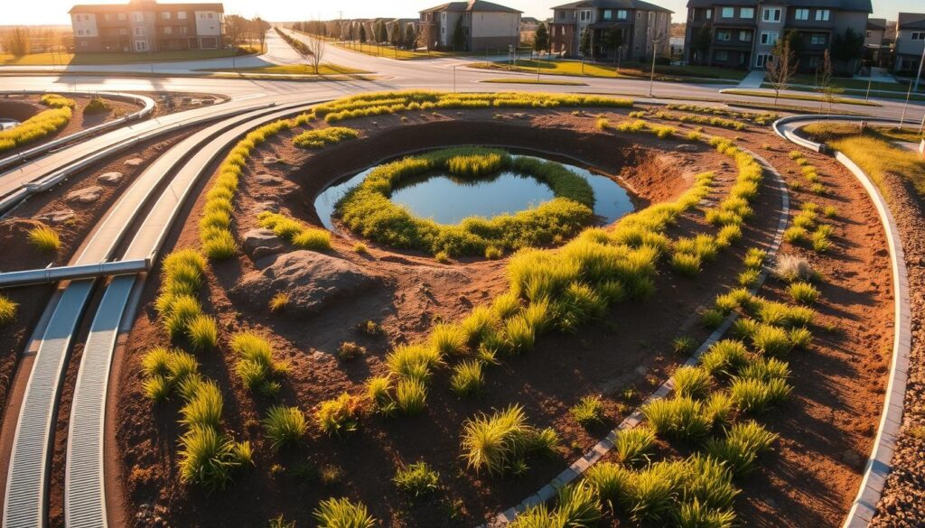 A panoramic view of a well-designed stormwater drainage system, featuring an intricate network of underground pipes, catch basins, and surface detention ponds. The scene is bathed in warm, golden afternoon light, casting long shadows across the carefully landscaped terrain. In the foreground, a series of strategically placed permeable pavement strips allow rainwater to infiltrate the soil, while decorative swales and bioretention cells filter and slow the flow of runoff. In the middle ground, a central detention basin is surrounded by lush, native vegetation, creating a visually appealing and ecologically functional landscape. In the background, the silhouettes of modern residential or commercial buildings hint at the integrated nature of the stormwater management plan. A panoramic view of a well-designed stormwater drainage system, featuring an intricate network of underground pipes, catch basins, and surface detention ponds. The scene is bathed in warm, golden afternoon light, casting long shadows across the carefully landscaped terrain. In the foreground, a series of strategically placed permeable pavement strips allow rainwater to infiltrate the soil, while decorative swales and bioretention cells filter and slow the flow of runoff. In the middle ground, a central detention basin is surrounded by lush, native vegetation, creating a visually appealing and ecologically functional landscape. In the background, the silhouettes of modern residential or commercial buildings hint at the integrated nature of the stormwater management plan.