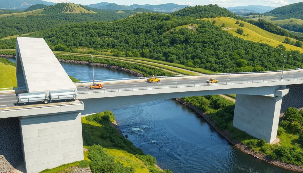 A photorealistic illustration of safety standards for highway bridges, showcasing a detailed cross-section of a modern bridge structure. The scene features a well-lit, angular concrete overpass spanning across a winding river, with safety barriers, guardrails, and traffic signage visible. The middle ground depicts construction workers performing maintenance and inspections, utilizing specialized equipment. In the background, lush greenery and rolling hills create a serene, naturalistic environment. The lighting is crisp and directional, accentuating the architectural details and engineering principles underlying the bridge's design. The overall mood conveys a sense of functionality, safety, and environmental harmony.