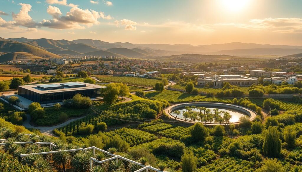A picturesque landscape showcasing the future of ecological sanitation in Morocco. In the foreground, a modern wastewater treatment plant nestled among lush greenery, its sleek architecture blending seamlessly with the natural surroundings. The middle ground features a network of verdant gardens and orchards, watered by the recycled water from the treatment facility. In the background, rolling hills dotted with sustainable housing developments, their rooftops covered in solar panels, symbolizing the integration of renewable energy. Warm, golden sunlight filters through wispy clouds, casting a soft, hopeful glow over the scene. The overall atmosphere exudes a sense of harmony, where technology and nature coexist in perfect balance, paving the way for a more sustainable and environmentally conscious future.