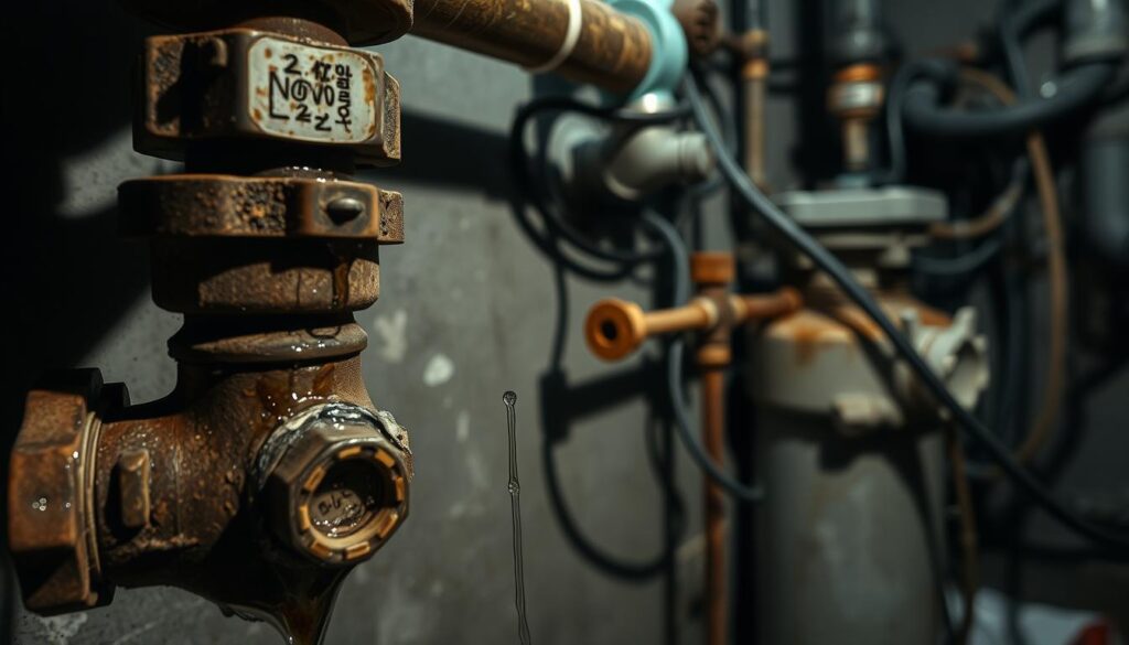 A poorly installed water treatment system, with leaks and faulty connections evident throughout. The foreground shows a closeup of a malfunctioning valve, rusted and corroded. The middle ground depicts a misaligned filter housing, water dripping from the joints. In the background, a cluttered plumbing setup with tangled pipes and hoses suggests an amateurish, haphazard installation. Dim, uneven lighting casts long shadows, creating a sense of neglect and disrepair. The overall atmosphere conveys the consequences of common installation errors - a dysfunctional, messy water treatment system that fails to properly purify the water.