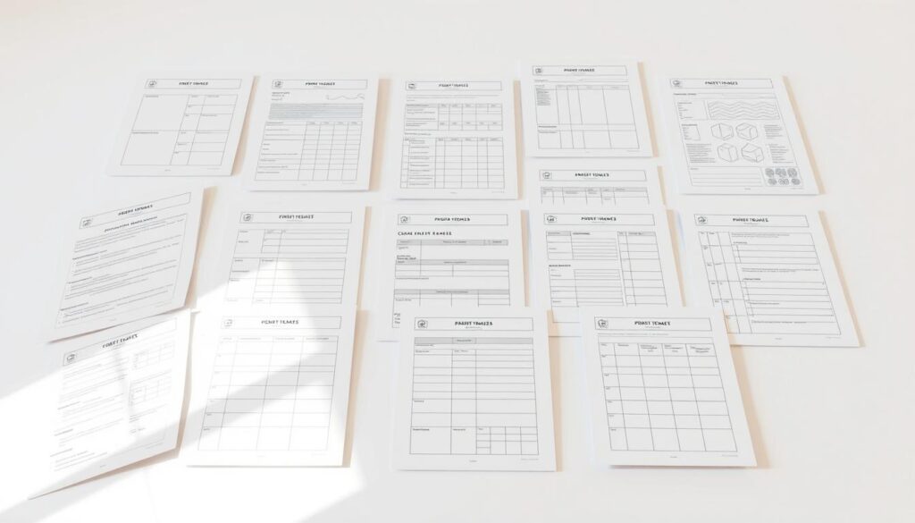 A precise technical drawing of construction site worksheets, featuring a clean, minimalist design. Modeled in a three-dimensional perspective, with a white background and soft shadows to highlight the detailed outlines of various form templates, checklists, and report samples. The items are arranged in a visually appealing grid layout, conveying a sense of organization and professionalism. The lighting is natural and evenly distributed, accentuating the crisp edges and subtle textures of the paper documents. An airy, modern atmosphere permeates the scene, reflecting the practical utility and streamlined nature of the available construction site models.