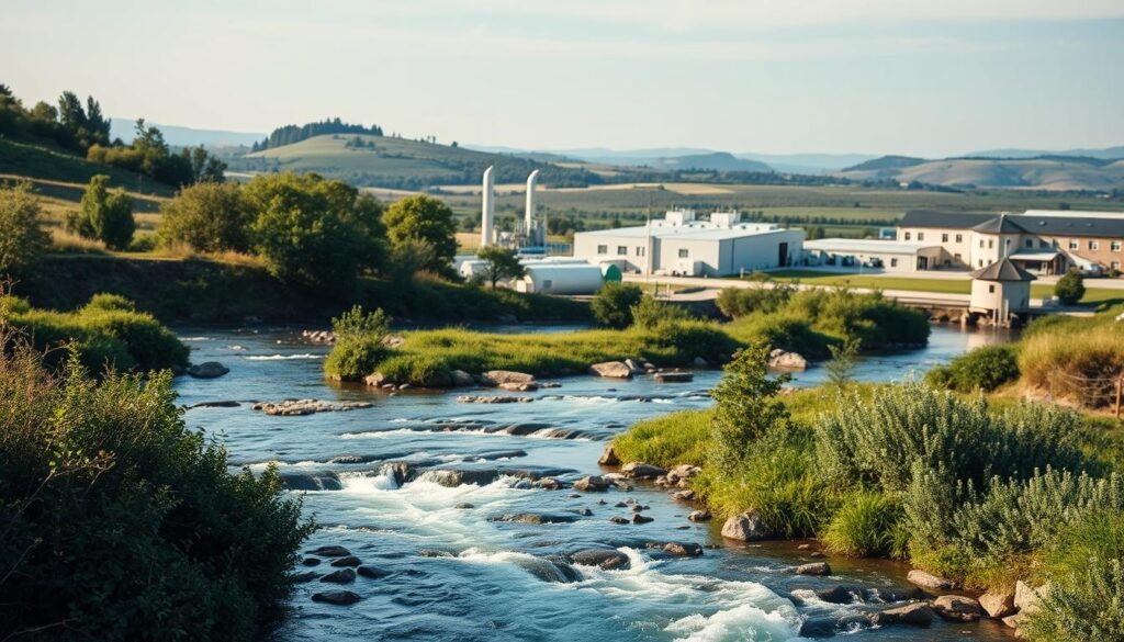 A pristine setting showcasing the standards and regulations governing wastewater treatment and sanitation. In the foreground, a clear, flowing stream surrounded by lush greenery and verdant landscapes, representing the purity and cleanliness of properly managed water systems. In the midground, industrial buildings and facilities with modern, energy-efficient designs, adhering to the latest environmental directives and sustainability guidelines. In the background, a horizon of rolling hills and a cloudless sky, conveying a sense of harmony and balance between human infrastructure and the natural world. Warm, diffused lighting illuminates the scene, creating a calm and serene atmosphere that reflects the high-quality norms and practices of the wastewater industry.