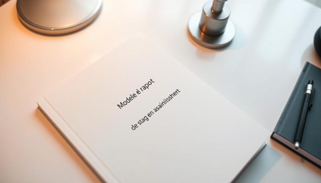 A pristine, well-organized report on environmental remediation, presented on a clean, minimalist desk setting. The report cover features a bold title "Modèle de rapport de stage en assainissement" in a professional typeface, set against a subtly textured off-white background. The report itself lies open, its pages crisp and neatly arranged, inviting the viewer to explore its contents. Soft, diffused lighting from above casts a warm, scholarly glow, while the desk surface is clear save for a tasteful desk accessory or two, allowing the report to take center stage. The overall composition conveys a sense of order, expertise, and attention to detail, perfectly suited to illustrate the subject matter.