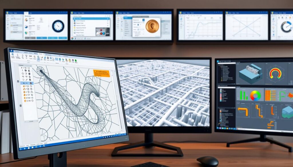A professional-grade engineering workstation displaying a comprehensive suite of Covadis modeling tools. In the foreground, a sleek CAD interface showcases intricate sewer network diagrams, with precise icons and fluid interactions. The middle ground features a 3D rendering of the network, showcasing the depth and complexity of the system. In the background, a series of productivity-enhancing tools, including parameter customization panels and simulation modules, create an immersive environment for efficient infrastructure planning. Warm, neutral lighting accentuates the technical sophistication, while a clean, minimalist aesthetic underscores the software's user-friendly design.