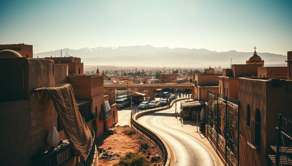 A scenic vista of a bustling Moroccan city, captured in a dramatic, cinematic style. In the foreground, a winding road flanked by traditional adobe buildings, their sun-drenched facades casting intricate shadows. In the middle ground, a vibrant marketplace, filled with the vibrant colors and textures of local wares. In the background, the majestic Atlas Mountains rise, their snow-capped peaks piercing the azure sky. Warm, golden light filters through the scene, creating a sense of timeless elegance. The composition is balanced, with a focus on the interplay of architectural forms and the natural landscape. This image evokes the spirit of a successful infrastructure project, blending modern development with the rich cultural heritage of Morocco.
