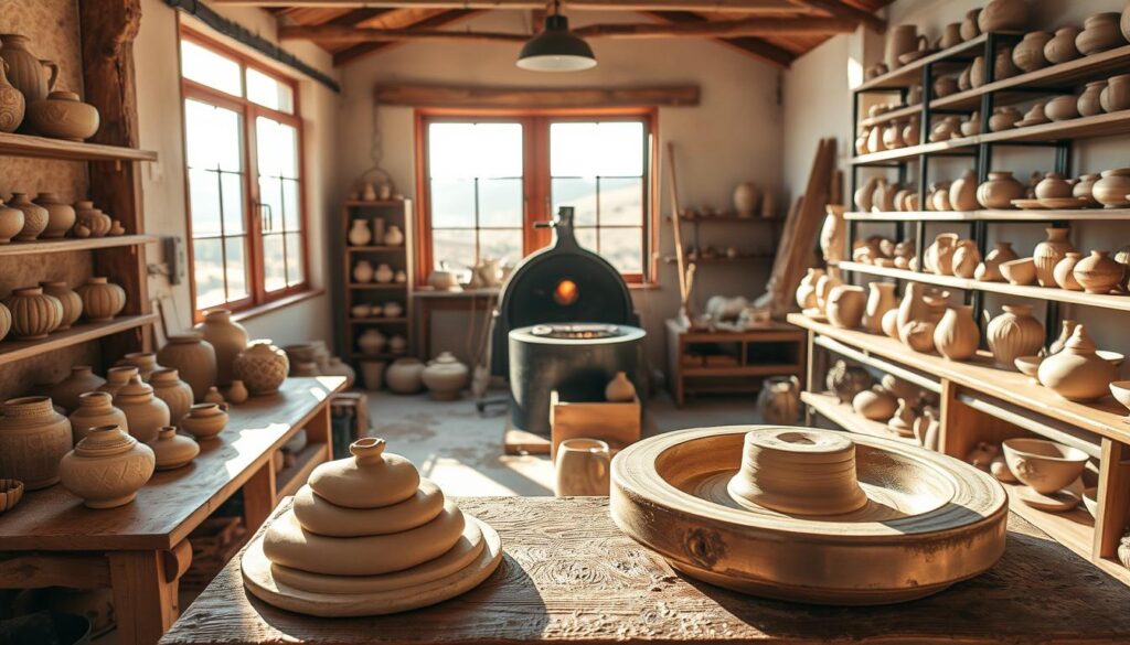 A serene ceramic workshop, bathed in warm, natural light. In the foreground, a potter's wheel sits atop a rustic wooden table, with a pile of soft, malleable clay waiting to be transformed. Shelves line the walls, displaying an array of intricate ceramic vases, bowls, and sculptures, each one a unique work of art. The middle ground reveals a kiln, its glowing embers hinting at the high-temperature processes that give life to these delicate creations. In the background, large windows offer a glimpse of the outdoor landscape, where sun-baked earth and rolling hills speak to the ancient origins of this timeless craft. An atmosphere of creativity, patience, and the harmonious blending of nature and human ingenuity.