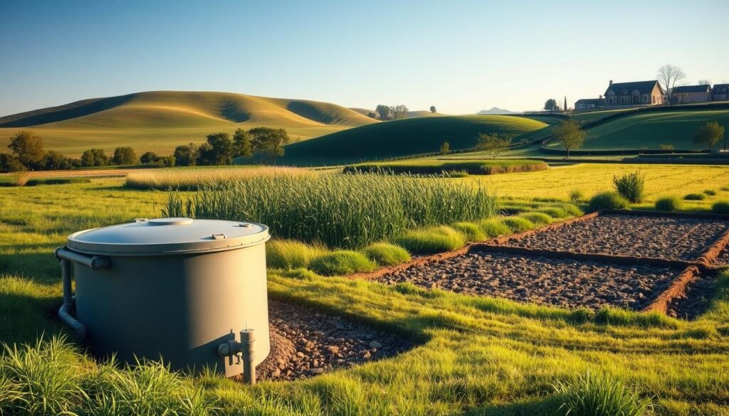 A serene landscape showcasing various wastewater treatment techniques. In the foreground, a modern septic tank system with its components clearly visible, surrounded by lush greenery. The middle ground features a constructed wetland, its reeds gently swaying in the breeze. In the background, a traditional leach field system blends seamlessly into the rolling hills. The scene is bathed in warm, natural lighting, capturing the harmony between engineering and the natural environment. The overall composition conveys the importance of responsible, sustainable wastewater management practices for residential developments.