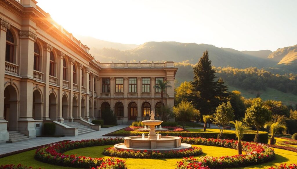 A serene legislative building situated against a backdrop of lush, rolling hills. The structure's classical architecture, adorned with intricate stone carvings and grand archways, exudes a sense of authority and stability. Warm, golden sunlight filters through tall windows, casting a soft glow over the scene. In the foreground, a tranquil garden with neatly manicured flowerbeds and a central water feature adds a touch of tranquility. The overall atmosphere conveys a well-organized, sustainable, and environmentally conscious approach to legislative affairs.