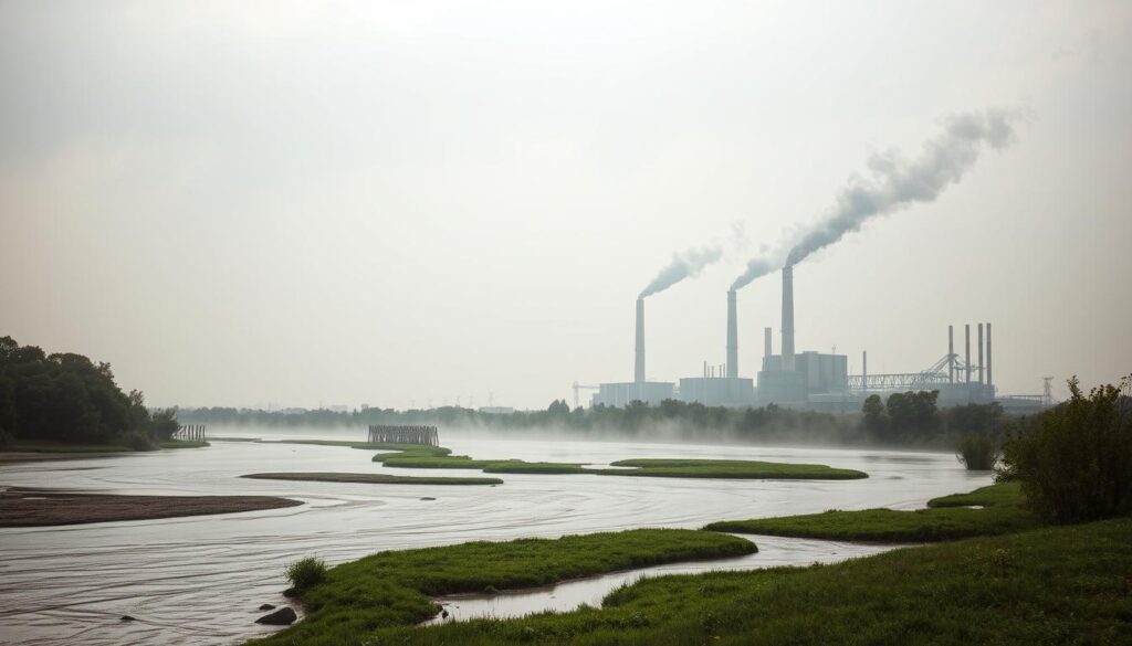A serene river landscape marred by the intrusion of industrial waste. In the foreground, a murky stream weaves through a lush, verdant riverbank, its waters clouded by a swirling miasma of chemical pollutants. Towering smokestacks loom in the middle ground, belching thick plumes of acrid smoke that cast a somber, gray pall over the scene. In the background, a sprawling factory complex stands as a testament to the human cost of unchecked industrialization, its hulking, utilitarian structures casting long shadows across the contaminated landscape. Dim, moody lighting filters through the hazy atmosphere, conveying a sense of environmental degradation and the fragility of natural ecosystems in the face of human-induced pollution.