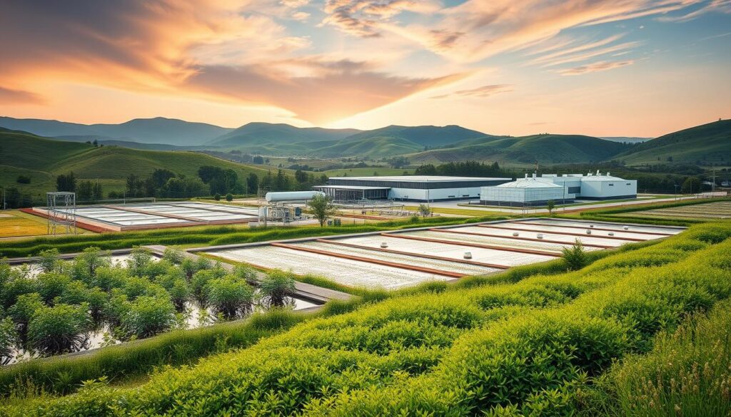 A serene, sustainable wastewater treatment facility nestled in a lush, verdant landscape. In the foreground, a series of planted wetlands and biofiltration basins, their intricate systems processing water through natural phytoremediation. The middle ground features a modern, energy-efficient treatment plant, its sleek, minimalist architecture blending seamlessly with the surrounding environment. In the background, rolling hills and a vibrant sky, bathed in warm, diffused lighting that casts a sense of tranquility over the entire scene. The overall atmosphere conveys a harmonious balance between human infrastructure and the natural world, exemplifying the principles of sustainable, eco-friendly wastewater management.