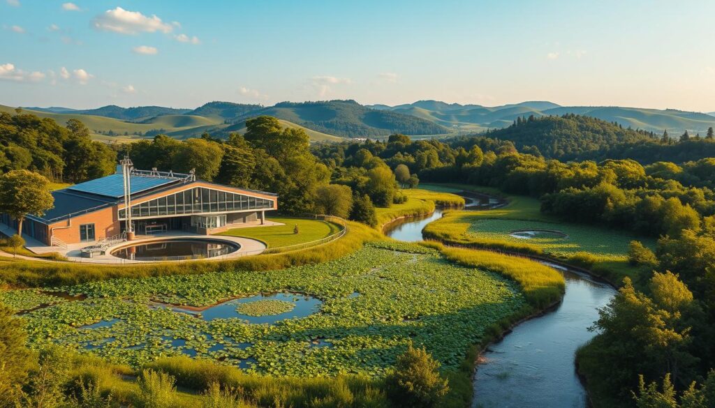 A serene, sustainable wastewater treatment plant nestled amidst a lush, verdant landscape. In the foreground, a modern, angular structure houses the primary treatment systems, with solar panels adorning the roof. Nearby, a constructed wetland teems with aquatic flora, filtering the effluent through natural processes. In the middle ground, a meandering stream winds through the scene, reflecting the surrounding foliage. In the background, rolling hills and a cloudless sky create a peaceful, idyllic atmosphere. Warm, diffused lighting casts a gentle glow over the entire scene, highlighting the integration of technology and nature. A sense of harmony and environmental stewardship pervades the image.