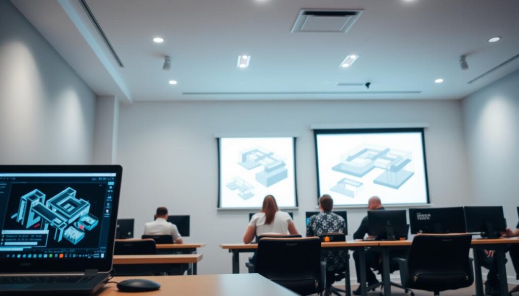 A serene, well-lit interior of an AutoCAD Architecture training classroom. In the foreground, a desk with a laptop and CAD software interface, conveying the interactive, hands-on nature of the lessons. The middle ground features several students intently focused on their workstations, immersed in the software's tools and commands. In the background, a large projection screen displays architectural plans and 3D models, guiding the learning process. Soft, neutral lighting creates a calming, professional atmosphere, conducive to effective technical training. The overall scene evokes a structured, comprehensive approach to mastering AutoCAD Architecture.