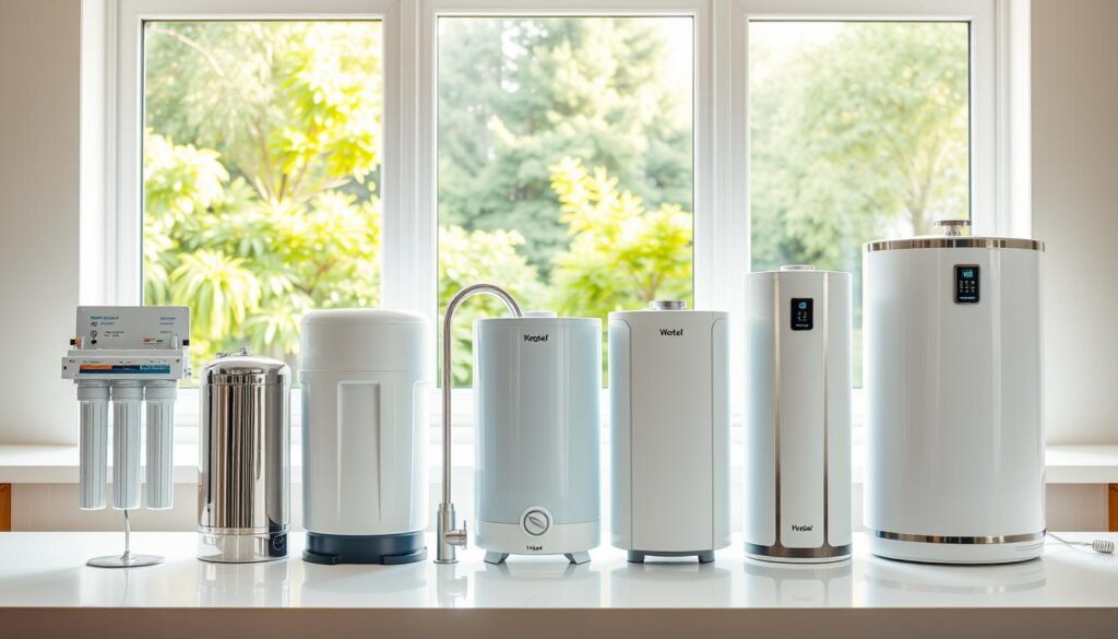 A set of domestic water treatment systems arranged neatly on a clean, well-lit kitchen counter. The foreground features a reverse osmosis unit, a water softener, and a UV light disinfection system, each with their respective components and controls visible. In the middle ground, a tankless water heater and a whole-house filter are positioned, showcasing their sleek, modern designs. The background displays large windows overlooking a lush, verdant garden, bathing the scene in warm, natural lighting. The overall atmosphere conveys a sense of efficiency, cleanliness, and environmental consciousness, reflecting the importance of tailored water treatment solutions for the modern home.