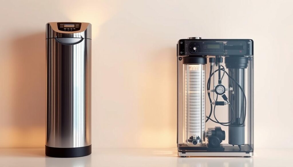 A side-by-side comparison of a sleek, modern water softener and a high-tech reverse osmosis system, illuminated by warm, directional lighting that casts subtle shadows and highlights their intricate components. The softener has a polished chrome exterior, while the osmosis unit features a translucent housing revealing its intricate inner workings. Both devices are set against a minimalist, off-white backdrop, creating a clean, clinical atmosphere that emphasizes their technical nature and functional design. The composition is carefully balanced, drawing the viewer's eye to the subtle differences in form and construction between the two water treatment technologies.