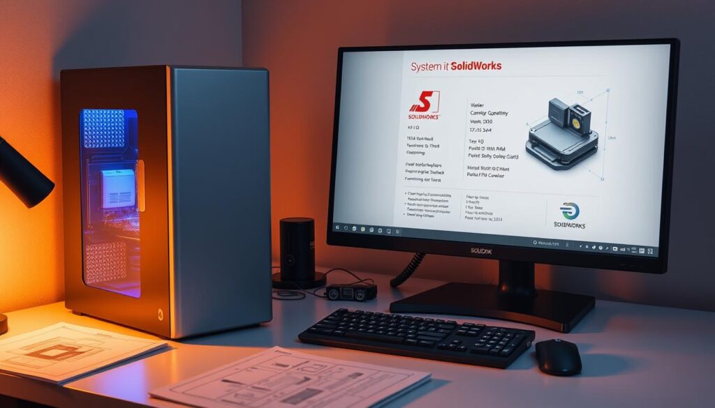 A sleek and modern computer setup, with a powerful desktop tower, a large high-resolution monitor, and a high-end mouse and keyboard. The monitor displays a technical diagram of the system requirements for SolidWorks, with detailed specifications for the processor, RAM, graphics card, and storage. The desk surface is clean and organized, with a few engineering tools and design sketches nearby, conveying a professional and productive workspace. Warm, directional lighting illuminates the scene, creating a sense of focus and concentration. The overall atmosphere is one of technical precision and design excellence, reflecting the capabilities of SolidWorks as a leading 3D CAD software. A sleek and modern computer setup, with a powerful desktop tower, a large high-resolution monitor, and a high-end mouse and keyboard. The monitor displays a technical diagram of the system requirements for SolidWorks, with detailed specifications for the processor, RAM, graphics card, and storage. The desk surface is clean and organized, with a few engineering tools and design sketches nearby, conveying a professional and productive workspace. Warm, directional lighting illuminates the scene, creating a sense of focus and concentration. The overall atmosphere is one of technical precision and design excellence, reflecting the capabilities of SolidWorks as a leading 3D CAD software.