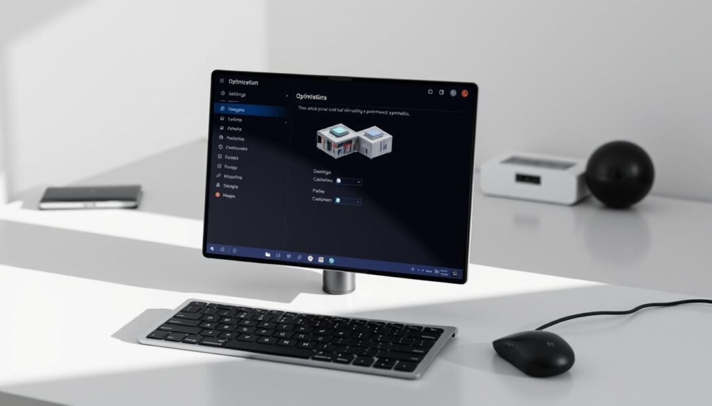 A sleek and modern desk setup with a laptop, keyboard, and mouse, showcasing the Lumion Pro 2023 software interface. The laptop screen displays optimization settings, indicating the fine-tuning of performance parameters. The lighting is crisp and directional, casting subtle shadows that accentuate the detailed 3D models on the screen. In the background, a minimalist workspace with clean lines and a neutral color palette creates a professional, distraction-free environment. The overall scene conveys a sense of productivity, efficiency, and the seamless integration of Lumion Pro 2023 into a user's workflow.