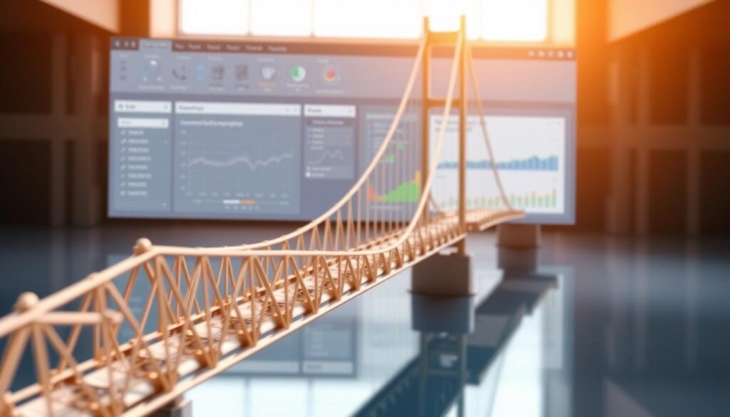 A sleek and modern software interface showcasing the advanced structural analysis capabilities. In the foreground, a detailed 3D render of a suspension bridge, its complex beams and trusses meticulously simulated. In the middle ground, a clean dashboard with intuitive controls, statistical charts, and parametric inputs. The background subtly blurs, emphasizing the software's powerful computational engine. Warm lighting casts a professional glow, while a shallow depth of field brings the interface into sharp focus. The overall aesthetic conveys the precision, efficiency, and technological sophistication of this specialized structural engineering software.