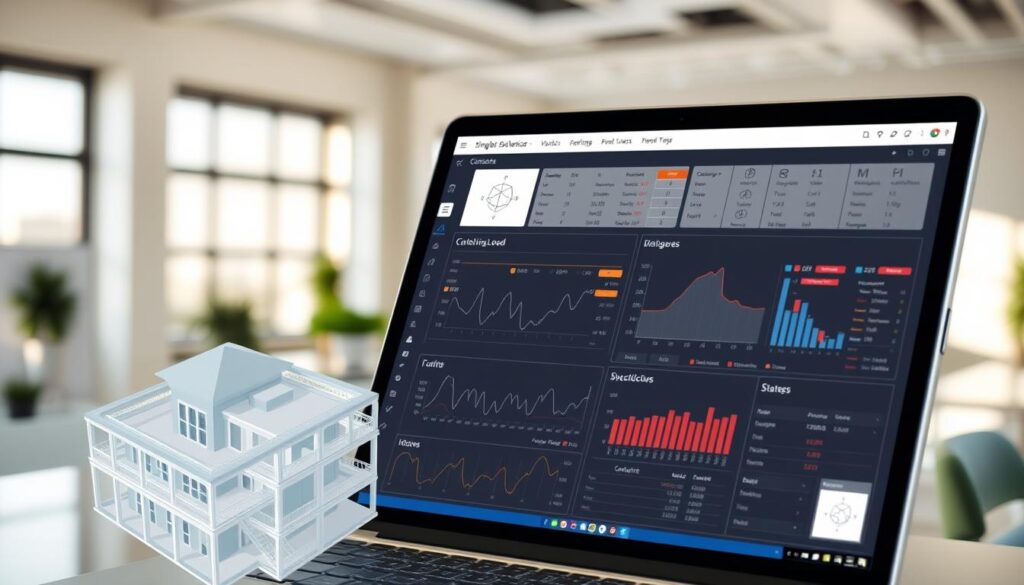 A sleek and modern software interface with intuitive design, showcasing the powerful yet accessible tools for structural engineering calculations. The foreground displays a 3D model of a building with various load and stress indicators, while the middle ground features a clean and minimalist UI with graphs, charts, and input fields. The background is a softly blurred office environment, conveying a sense of productivity and professionalism. The lighting is natural and diffused, creating a warm and inviting atmosphere. The overall composition emphasizes the user-friendly nature and the advanced analytical capabilities of the free structural design software.