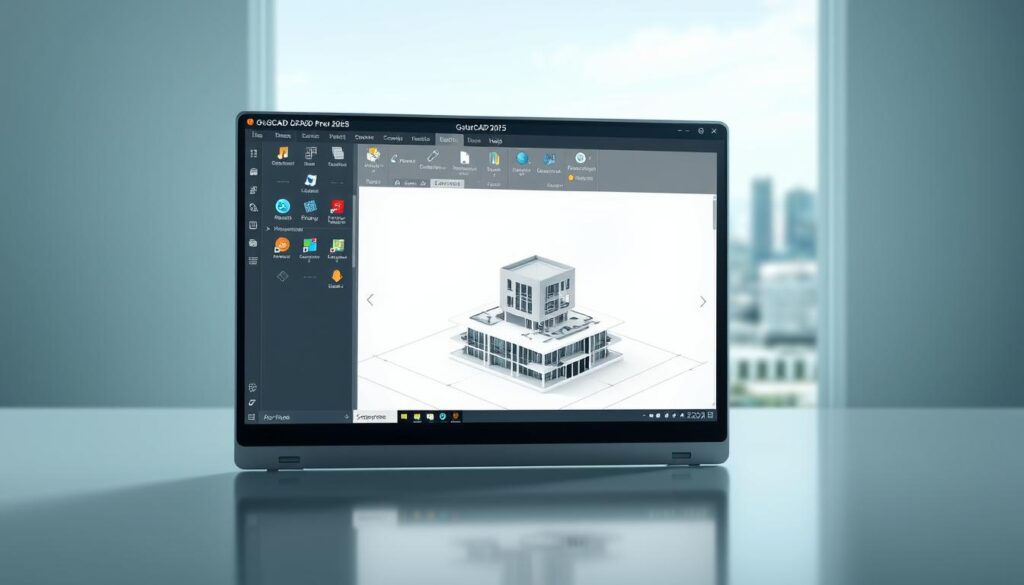 A sleek and professional software interface for GstarCAD Pro 2025, set against a clean and minimalist backdrop. The application window dominates the foreground, showcasing the main design tools and controls in a well-organized layout. Subtle lighting casts a soft glow, enhancing the modern aesthetic. In the middle ground, a 3D model of a complex architectural design slowly rotates, highlighting the software's advanced CAD capabilities. The background features a blurred cityscape, conveying a sense of the practical applications of this powerful drafting tool. The overall scene exudes a sense of productivity, efficiency, and technological sophistication.
