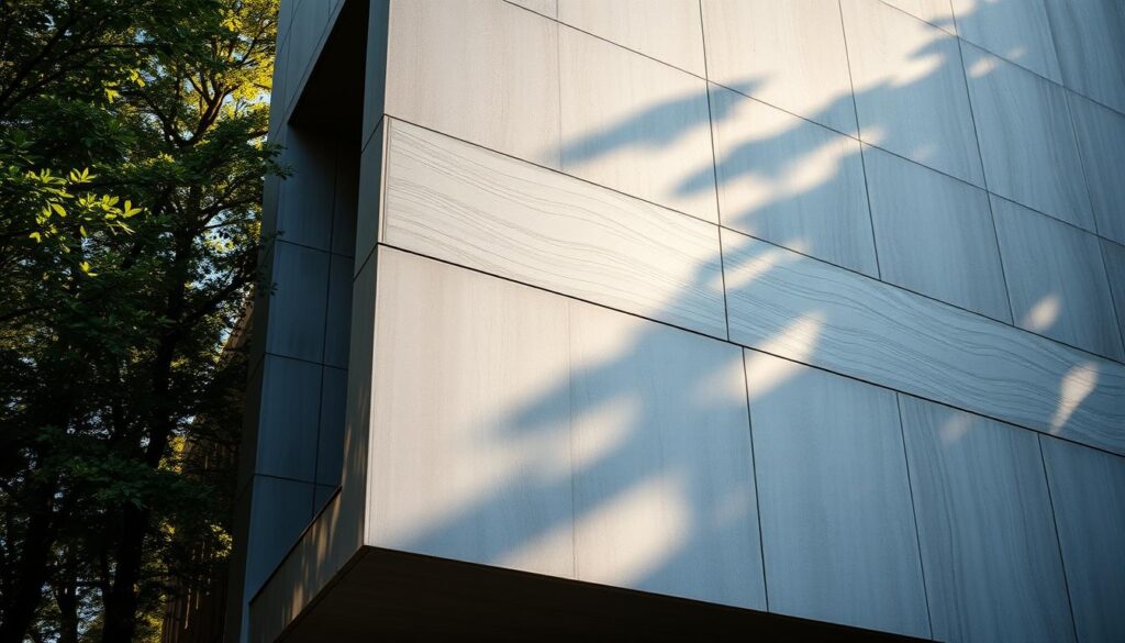 A sleek, modern architectural concrete facade, its smooth, grey surface reflecting the warm glow of the afternoon sun. Intricate patterns and textures dance across the structure, highlighting the precise craftsmanship and attention to detail. The building stands tall, its sharp lines and angular forms creating a bold, contemporary silhouette against a backdrop of lush, verdant foliage. Soft shadows cast by the angled lighting accentuate the depth and dimension of the concrete, revealing its inherent beauty and strength. The scene exudes a sense of understated elegance and visual harmony, perfectly encapsulating the aesthetic and performance capabilities of architectural concrete.