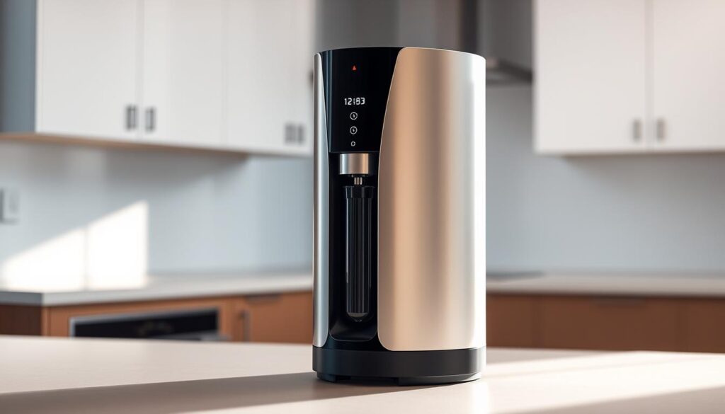 A sleek, modern reverse osmosis water purifier standing prominently in a minimalist, well-lit kitchen. The device features a metallic finish, with a compact and streamlined design. The foreground showcases the intricate filtration system, while the middle ground reveals the intuitive control panel and display. The background highlights the clean, tidy countertop and understated cabinetry, creating a sense of efficiency and sophistication. Soft, directional lighting casts a warm glow, emphasizing the purifier's role as a reliable, high-performance water treatment solution for the home.