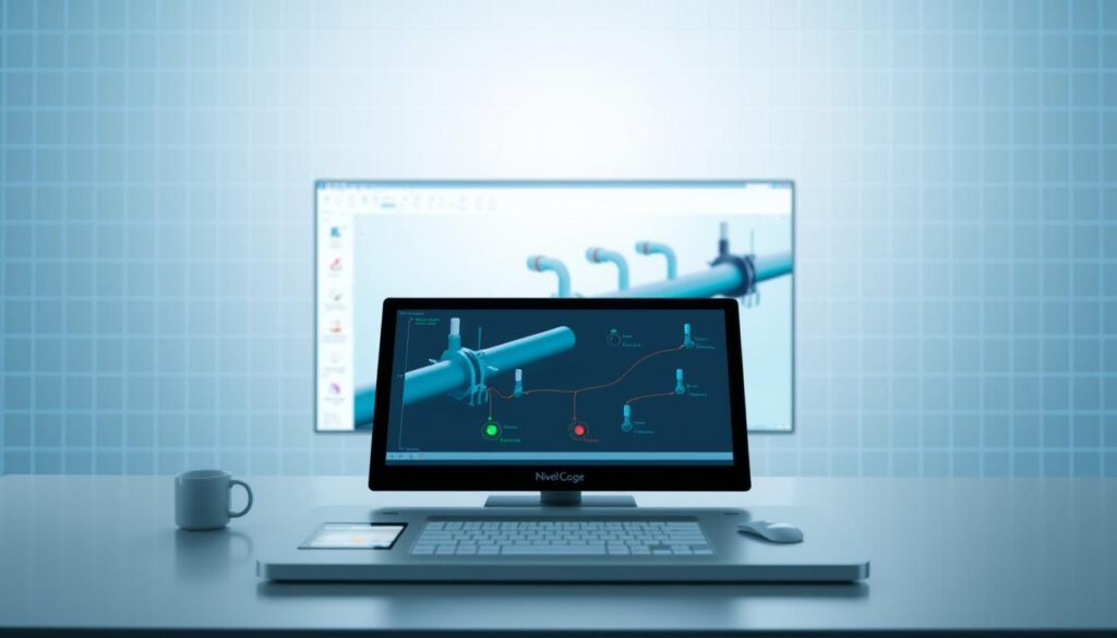 A sleek, modern software interface showcasing a comprehensive hydraulic calculation tool. In the foreground, a clean, minimalist design with intuitive controls and input fields for engineering parameters. The middle ground features a 3D visualisation of a pipe network system, with fluid dynamics simulations playing out in real-time. In the background, a subtle grid pattern and calming blue-green tones evoke a sense of precision and technical proficiency. Bright, balanced lighting illuminates the scene, creating depth and highlighting the software's advanced capabilities. The entire composition conveys a powerful, yet user-friendly experience for hydraulic engineering professionals.