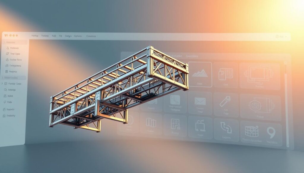 A sleek, modern software interface showcasing the advanced capabilities of a free metallic structure calculation program. In the foreground, a 3D model of a complex steel framework hovers, its intricate joints and beams rendered in crisp detail. The middle ground features an array of intuitive analysis tools and design options, while the background displays a clean, minimalist workspace with subtle gradients and clean typography. Warm, directional lighting accentuates the metallic sheen, creating a sense of depth and technical sophistication. The overall aesthetic conveys the power and precision of this cutting-edge software, poised to revolutionize the future of metallic structure design.