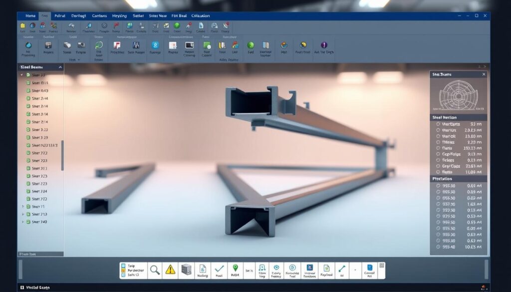 A sleek, modern software interface with a clean, minimalist design. In the foreground, a 3D rendering of a steel beam in various angles and perspectives, showcasing its structural properties and calculations. The middle ground features an array of intuitive tools and menus, allowing the user to input parameters and analyze the beam's design. The background is a soft, slightly blurred environment, emphasizing the focus on the software's functionality. The lighting is subtle, with a warm, techno-industrial feel, highlighting the precision and professionalism of the application. An overall sense of efficiency, simplicity, and engineering expertise permeates the scene.