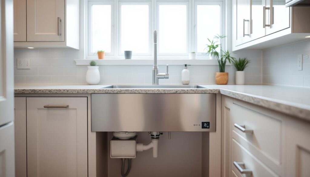 A sleek, modern under-sink water purifier system. Showcased in a bright, well-lit kitchen interior with clean, minimalist design. The purifier unit has a stainless steel or white finish, seamlessly integrated into the cabinetry. Surrounding elements include a polished granite or quartz countertop, white subway tile backsplash, and a chrome faucet. Soft, natural lighting filters in through large windows, creating a warm, inviting ambiance. The purifier's digital display and controls are visible, emphasizing its advanced, user-friendly capabilities. The overall scene conveys a sense of efficiency, hygiene, and effortless access to clean, filtered water in the comfort of a contemporary home kitchen.