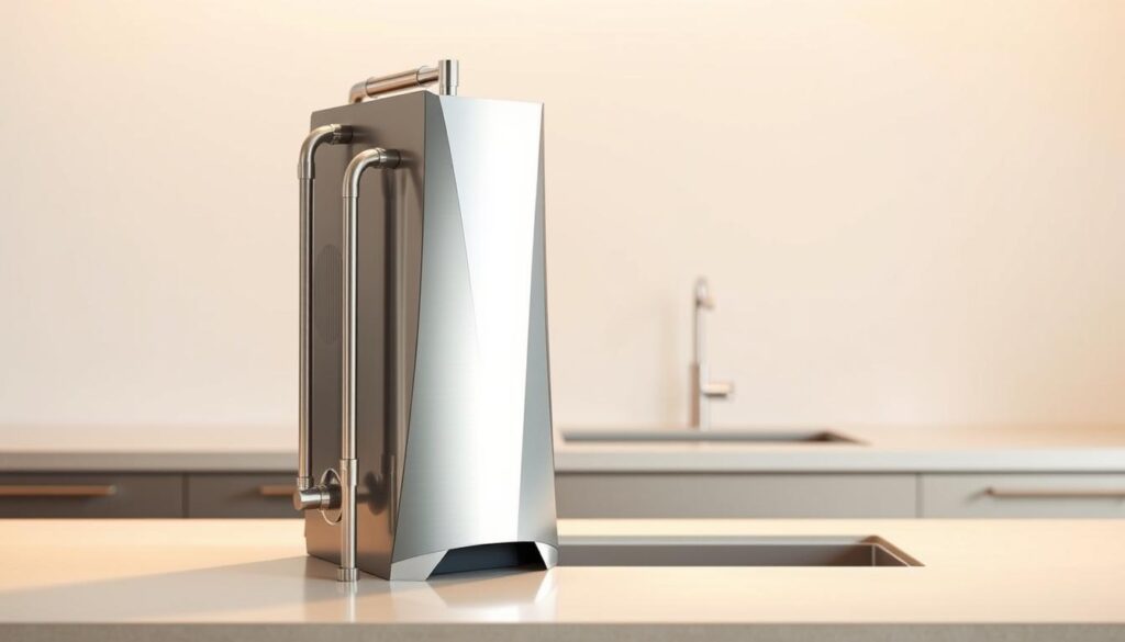 A sleek, modern water softener standing tall on a minimalist kitchen counter, bathed in warm, diffused lighting. The stainless steel casing gleams, its angular design evocative of cutting-edge technology. Pipes and faucets emerge from the unit, conveying a sense of functionality and integrated home plumbing. The background fades into a soft, neutral palette, allowing the water softener to be the focal point. Subtle shadows and reflections add depth and dimensionality, creating a sense of solidity and quality. The overall impression is one of efficient, unobtrusive water treatment that seamlessly blends into the domestic environment.