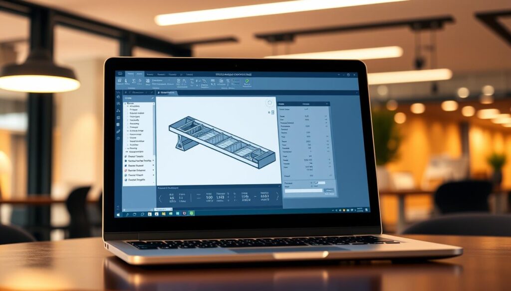 A sophisticated steel design software interface displayed on a laptop screen. The screen features a 3D rendering of a steel beam, with detailed technical specifications and calculations presented in a clean, minimalist layout. The background showcases a modern, well-lit office environment, conveying a sense of professionalism and ethical, legal software usage. The lighting is warm and directional, creating depth and highlighting the intricate details of the software and the steel structure. The camera angle is slightly angled, providing a dynamic, engaging perspective of the scene.