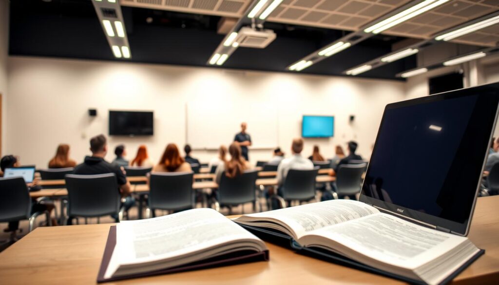 A spacious, well-lit classroom with rows of desks and chairs. In the foreground, a laptop and an open textbook on a desk, conveying the online nature of the course. In the middle ground, a group of students intently listening to a presenter at the front of the class, demonstrating the interactive and educational aspects of the course. The background features a clean, modern whiteboard and wall-mounted screens, suggesting a professional and high-quality learning environment. The overall scene exudes a sense of focus, learning, and the convenience of an online course on wastewater management. A spacious, well-lit classroom with rows of desks and chairs. In the foreground, a laptop and an open textbook on a desk, conveying the online nature of the course. In the middle ground, a group of students intently listening to a presenter at the front of the class, demonstrating the interactive and educational aspects of the course. The background features a clean, modern whiteboard and wall-mounted screens, suggesting a professional and high-quality learning environment. The overall scene exudes a sense of focus, learning, and the convenience of an online course on wastewater management.
