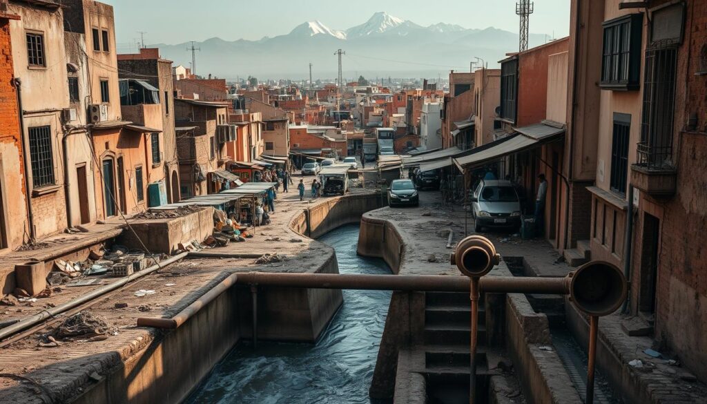 A sprawling Moroccan cityscape, with dilapidated buildings and crumbling infrastructure lining narrow, winding streets. In the foreground, a network of open sewers and drainage canals overflow with untreated wastewater, emitting a stagnant, pungent odor. The middle ground features a bustling marketplace, where vendors sell their wares against a backdrop of rusting pipes and leaking pipes. In the distance, the iconic Atlas Mountains loom, their snow-capped peaks a stark contrast to the urban blight below. The scene is bathed in a warm, hazy light, conveying a sense of neglect and environmental degradation. The overall mood is one of pressing need for modern, sustainable wastewater management solutions.