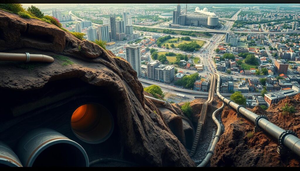 A sprawling cityscape, bustling with life, where underground networks of pipes and tunnels snake through the urban landscape. In the foreground, a cutaway view reveals the intricate system of gravity-fed sewers, their dark chambers illuminated by a warm, diffused light. Midground, pressurized pipes carry wastewater through the city, their smooth surfaces reflecting the city's reflection above. In the distance, a blend of natural and man-made elements - lush greenery, towering buildings, and the hazy silhouette of a treatment plant - symbolize the environmental impact and interconnectedness of urban sanitation. The scene conveys the hidden infrastructure that sustains modern life, its delicate balance and the environmental challenges it faces.