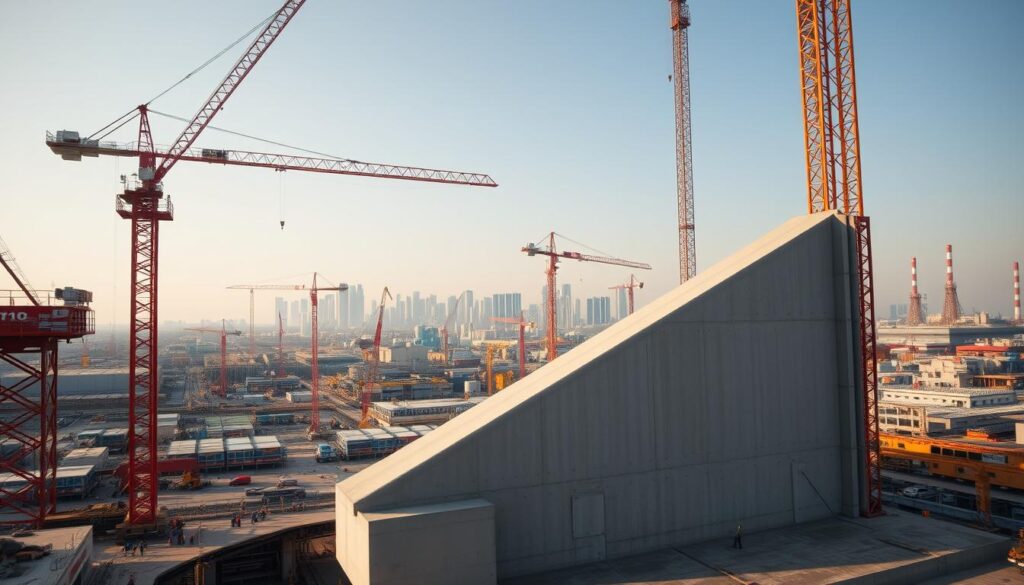 A sprawling construction site, with towering cranes and hulking machinery. In the foreground, a massive concrete structure takes shape, its smooth, angular surfaces gleaming in the warm afternoon sunlight. The middle ground is dotted with workers, their hard hats and safety vests adding pops of color to the scene. In the background, a skyline of modern high-rises and factories, a testament to the enduring strength and versatility of concrete. The overall mood is one of progress, efficiency, and the power of this ubiquitous building material to shape the urban landscape. A wide-angle lens captures the scale and grandeur of the scene, highlighting the advantages of concrete construction - its durability, its adaptability, and its ability to create bold, innovative architectural forms.