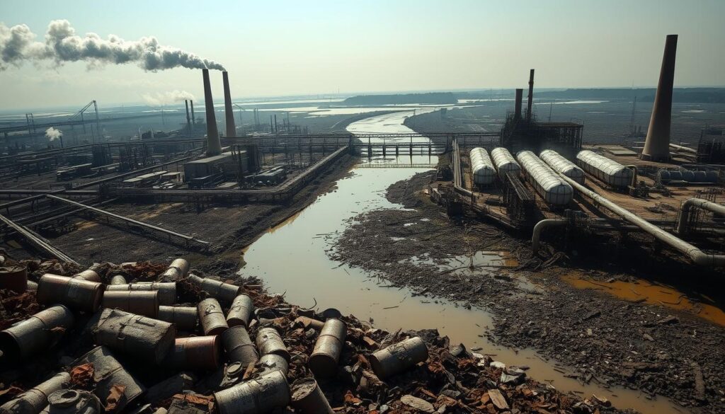 A sprawling industrial landscape, with smokestacks belching toxic fumes into a murky, polluted river. In the foreground, discarded chemical drums and industrial waste litter the riverbank, leaching noxious substances into the water. The middle ground features a tangled web of pipes and machinery, further contributing to the environmental degradation. In the distance, a hazy horizon obscures the true extent of the pollution, creating a sense of unease and decay. The lighting is harsh and unforgiving, casting long shadows and highlighting the harsh industrial textures. This scene, captured with a wide-angle lens, conveys the stark reality of the environmental impact of industrial waste and the urgent need for effective water treatment and pollution control measures. A sprawling industrial landscape, with smokestacks belching toxic fumes into a murky, polluted river. In the foreground, discarded chemical drums and industrial waste litter the riverbank, leaching noxious substances into the water. The middle ground features a tangled web of pipes and machinery, further contributing to the environmental degradation. In the distance, a hazy horizon obscures the true extent of the pollution, creating a sense of unease and decay. The lighting is harsh and unforgiving, casting long shadows and highlighting the harsh industrial textures. This scene, captured with a wide-angle lens, conveys the stark reality of the environmental impact of industrial waste and the urgent need for effective water treatment and pollution control measures.