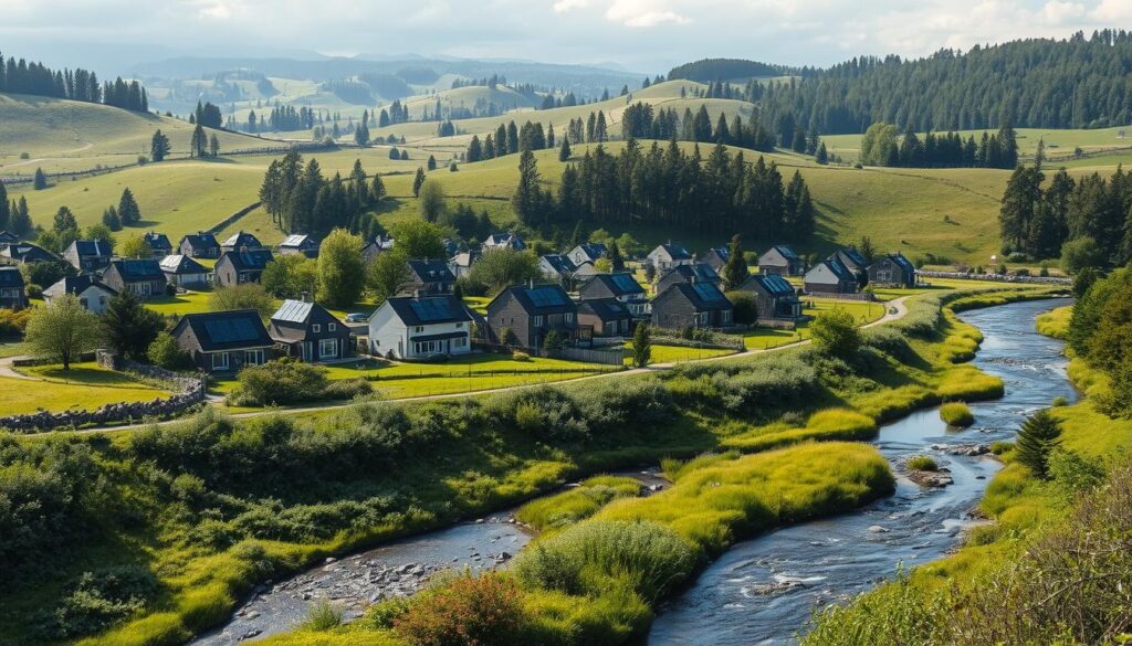 A sprawling residential development nestled in a lush, verdant landscape. The foreground depicts a tranquil stream winding through the area, its banks lined with native flora. In the middle ground, modern eco-friendly homes stand in harmony with the natural environment, their rooftops covered in solar panels. The background features rolling hills dotted with towering trees, casting soft, diffused sunlight across the scene. The overall atmosphere conveys a sense of environmental sustainability and responsible urban planning, reflecting the "Étude de l'impact environnemental" subject. The image should be captured with a wide-angle lens to encompass the breadth of the landscape, using natural lighting to accentuate the organic elements.