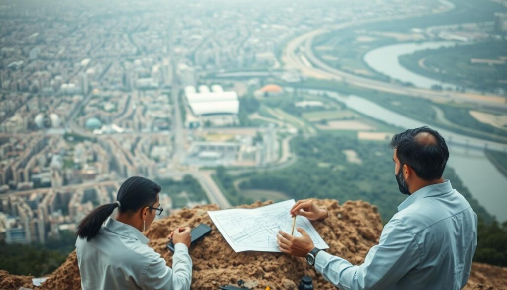 A sprawling urban landscape, bustling with activity, sets the stage for a comprehensive environmental impact assessment. In the foreground, a team of experts meticulously examines soil samples, analyzing the potential environmental implications of the Bab Sahra project. The middle ground reveals a detailed blueprint, showcasing the intricate engineering plans for the proposed infrastructure. In the background, lush greenery and a serene waterway hint at the delicate balance between development and environmental preservation. Soft, diffused lighting illuminates the scene, emphasizing the gravity and importance of this undertaking. The overall mood conveys a sense of careful consideration, with a focus on ensuring the sustainable and responsible execution of the Bab Sahra project. A sprawling urban landscape, bustling with activity, sets the stage for a comprehensive environmental impact assessment. In the foreground, a team of experts meticulously examines soil samples, analyzing the potential environmental implications of the Bab Sahra project. The middle ground reveals a detailed blueprint, showcasing the intricate engineering plans for the proposed infrastructure. In the background, lush greenery and a serene waterway hint at the delicate balance between development and environmental preservation. Soft, diffused lighting illuminates the scene, emphasizing the gravity and importance of this undertaking. The overall mood conveys a sense of careful consideration, with a focus on ensuring the sustainable and responsible execution of the Bab Sahra project.