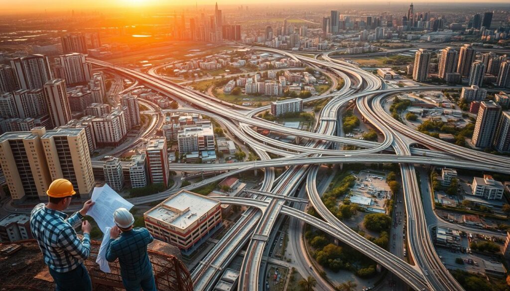 A sprawling urban landscape with towering buildings and criss-crossing roads, illuminated by a warm, golden sunset. In the foreground, a team of engineers and city planners scrutinize detailed plans and blueprints, grappling with the complexities of infrastructure development. The middle ground features a network of drainage systems, sewers, and utility lines, their intricacies visible beneath the surface. In the background, a bustling city skyline reflects the challenges of modernizing aging public works, as architects and technicians collaborate to integrate sustainable solutions. The scene conveys the technical and logistical hurdles of coordinating roadways, water management, and public utilities in an evolving urban environment.