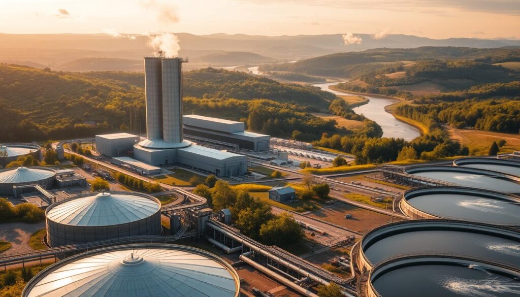 A sprawling wastewater treatment facility nestled in a lush, verdant landscape. In the foreground, modern tanks and pipes hum with the steady flow of water, underscoring the facility's sophisticated filtration and purification processes. Towering silos and sleek, angular buildings rise in the middle ground, their steel and concrete forms contrasting with the natural world around them. In the distance, a winding river cuts through rolling hills, a testament to the plant's environmental impact as it returns clean water to the local ecosystem. Warm, golden sunlight filters through wispy clouds, casting a contemplative mood over the scene. The overall impression is one of technological efficiency coexisting with, and ultimately serving, the natural environment.