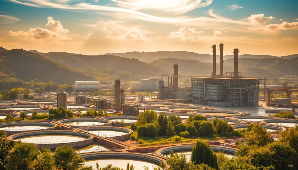 A sprawling wastewater treatment plant nestled amid lush greenery, with towering structures and intricate piping systems visible. The scene is illuminated by warm, golden sunlight filtering through wispy clouds, creating a serene and industrial atmosphere. In the foreground, a series of clarifying tanks and sedimentation basins where the wastewater undergoes primary and secondary treatment, while in the background, modern treatment facilities and filtration systems stand tall, symbolizing the technological advancements in wastewater management. The overall composition conveys the scale, complexity, and importance of sustainable water purification, a critical challenge facing Morocco's development.