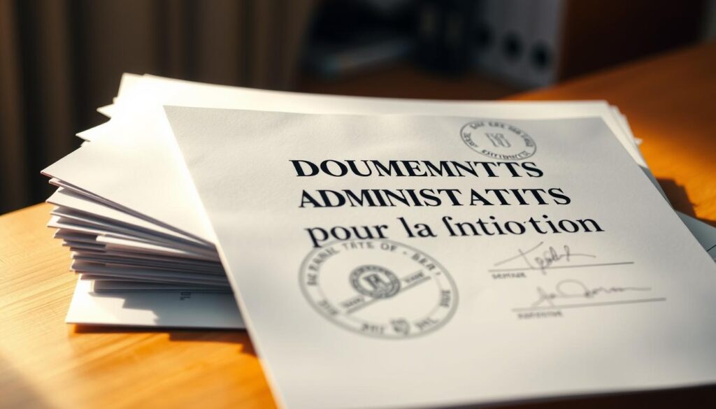 A stack of official-looking documents labeled "Documents Administratifs pour la Construction" (Administrative Documents for Construction) lies on a wooden desk, illuminated by warm, directional lighting from the side. The documents feature various stamps, signatures, and seals, conveying their administrative and legal significance. The desk is partially obscured by the documents, creating a sense of depth and focus on the paperwork. The background is slightly blurred, suggesting an office or professional setting. The composition and lighting emphasize the importance and formality of these construction-related administrative documents.
