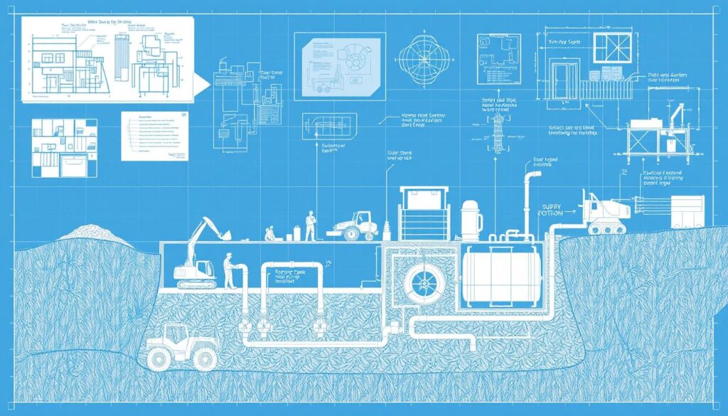 A technical blueprint-style illustration of the step-by-step stages of a sewer and drainage project. A detailed cross-section view shows the underground pipe network, septic tank, and filtration system components. The foreground depicts excavation equipment, workers, and construction materials. The middle ground showcases the sequence of installation, from laying the foundation to connecting the pipes. The background features architectural sketches, engineering diagrams, and survey maps providing context. The overall scene conveys a sense of precision, planning, and organized workflow essential for successful sanitation infrastructure development.