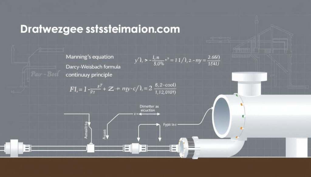 A technical diagram illustrating various methods of drainage system dimensioning. In the foreground, a schematic representation of a wastewater network, with pipes of varying diameters and flow indicators. In the middle ground, a series of mathematical equations and formulas related to hydraulic calculations, such as Manning's equation, Darcy-Weisbach formula, and continuity principle. The background features an architectural blueprint-style grid, emphasizing the engineering and planning aspects of the subject. The image should convey a sense of precision, functionality, and technical expertise, with a neutral, professional color palette and clean, technical aesthetic.