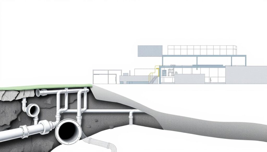 A technical manual cover featuring a detailed schematic diagram of a sewage collection system. The foreground shows a cross-section view of underground pipes, manholes, and drainage channels. The middle ground depicts a cutaway illustration of a pumping station, highlighting the mechanical components. The background features an architectural elevation view of a wastewater treatment plant, with clean lines and a minimalist aesthetic. The lighting is soft and even, creating a technical, informative atmosphere. The composition uses a neutral color palette of grays, blues, and blacks, emphasizing the engineering and functional nature of the subject matter. A technical manual cover featuring a detailed schematic diagram of a sewage collection system. The foreground shows a cross-section view of underground pipes, manholes, and drainage channels. The middle ground depicts a cutaway illustration of a pumping station, highlighting the mechanical components. The background features an architectural elevation view of a wastewater treatment plant, with clean lines and a minimalist aesthetic. The lighting is soft and even, creating a technical, informative atmosphere. The composition uses a neutral color palette of grays, blues, and blacks, emphasizing the engineering and functional nature of the subject matter.
