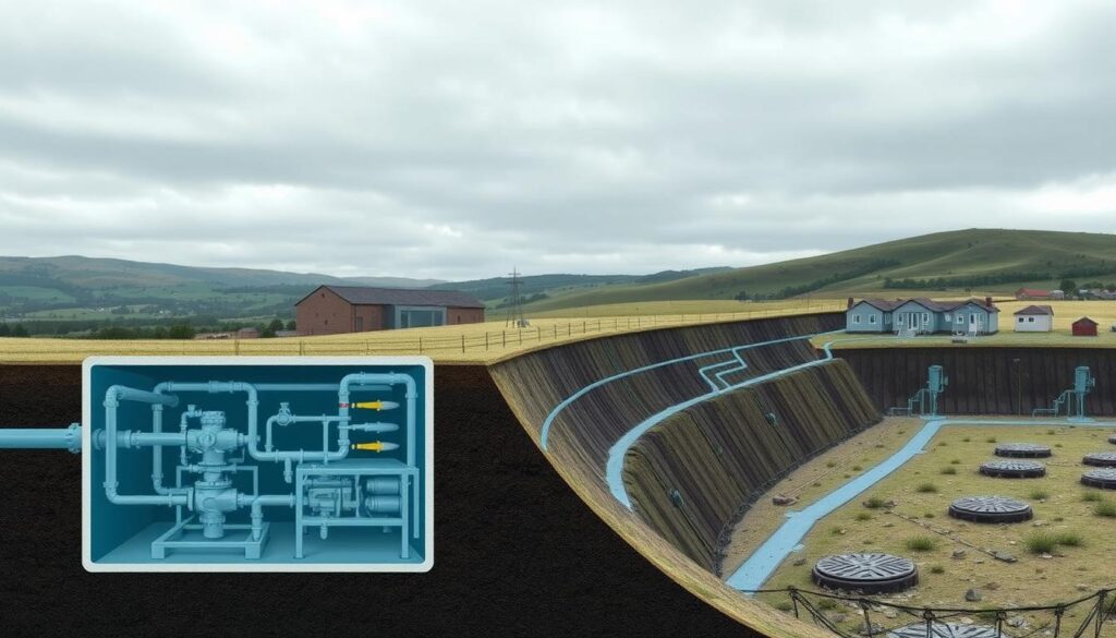 A technical schematic illustration of a comprehensive sewage system. In the foreground, a detailed cutaway view showcases the internal components and flow dynamics of a wastewater treatment facility, with pipes, valves, and filtering mechanisms precisely rendered. The middle ground depicts a network of underground drainage channels and manholes, highlighting the interconnected nature of the infrastructure. In the background, rolling hills and a calm, overcast sky set a serene, technical tone. The lighting is soft and even, emphasizing the functional, engineering-focused nature of the scene. The camera angle is slightly elevated, providing an encompassing view of the complete sewage system design. A technical schematic illustration of a comprehensive sewage system. In the foreground, a detailed cutaway view showcases the internal components and flow dynamics of a wastewater treatment facility, with pipes, valves, and filtering mechanisms precisely rendered. The middle ground depicts a network of underground drainage channels and manholes, highlighting the interconnected nature of the infrastructure. In the background, rolling hills and a calm, overcast sky set a serene, technical tone. The lighting is soft and even, emphasizing the functional, engineering-focused nature of the scene. The camera angle is slightly elevated, providing an encompassing view of the complete sewage system design.