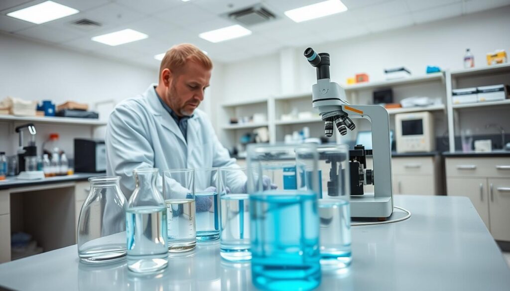 A technician in a white lab coat examining water samples under a microscope in a well-lit, modern laboratory. Glass beakers and test tubes containing various liquids line the workbench. The room has clean, tiled floors and walls, with scientific equipment and instruments visible in the background. A sense of precision, analysis, and environmental stewardship pervades the scene. The lighting is bright and even, highlighting the intricate details of the water samples and laboratory equipment.